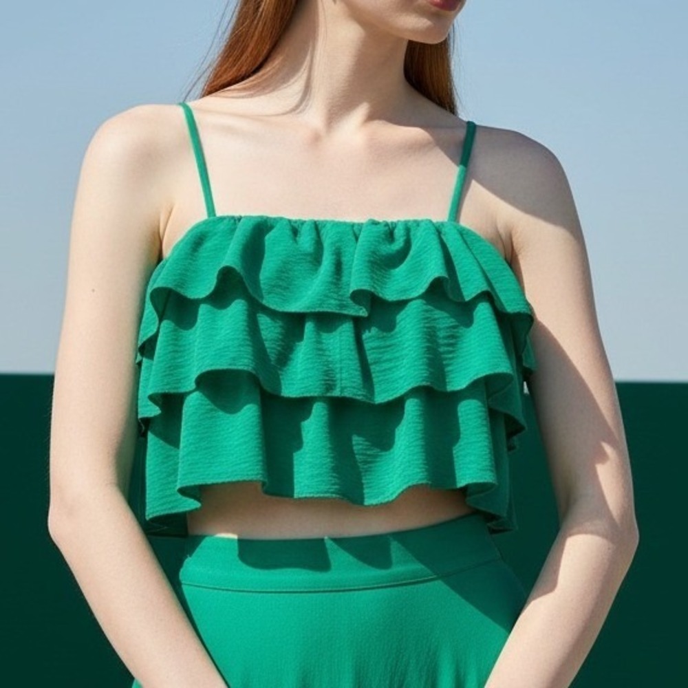 Altar'd State Ruffle Cami Women Large Green Tiered Crop Top Boho Summer Festival